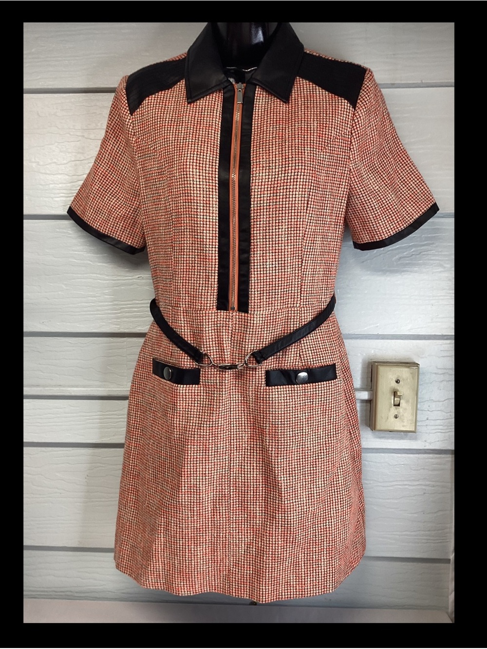 Vintage-Inspired Orange Check Short Sleeve Dress with Black Trim